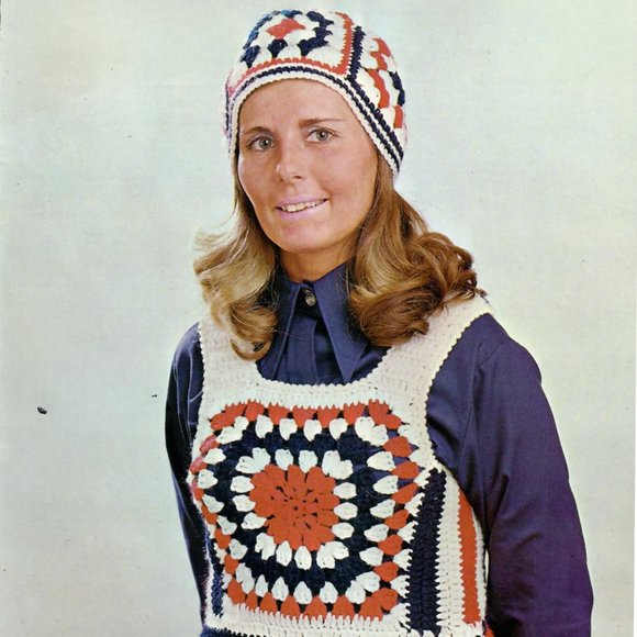 Crop Top Granny Square Tank Matching Beanie Hat Crochet Pattern 1970s Vintage - Picture 4 of 5